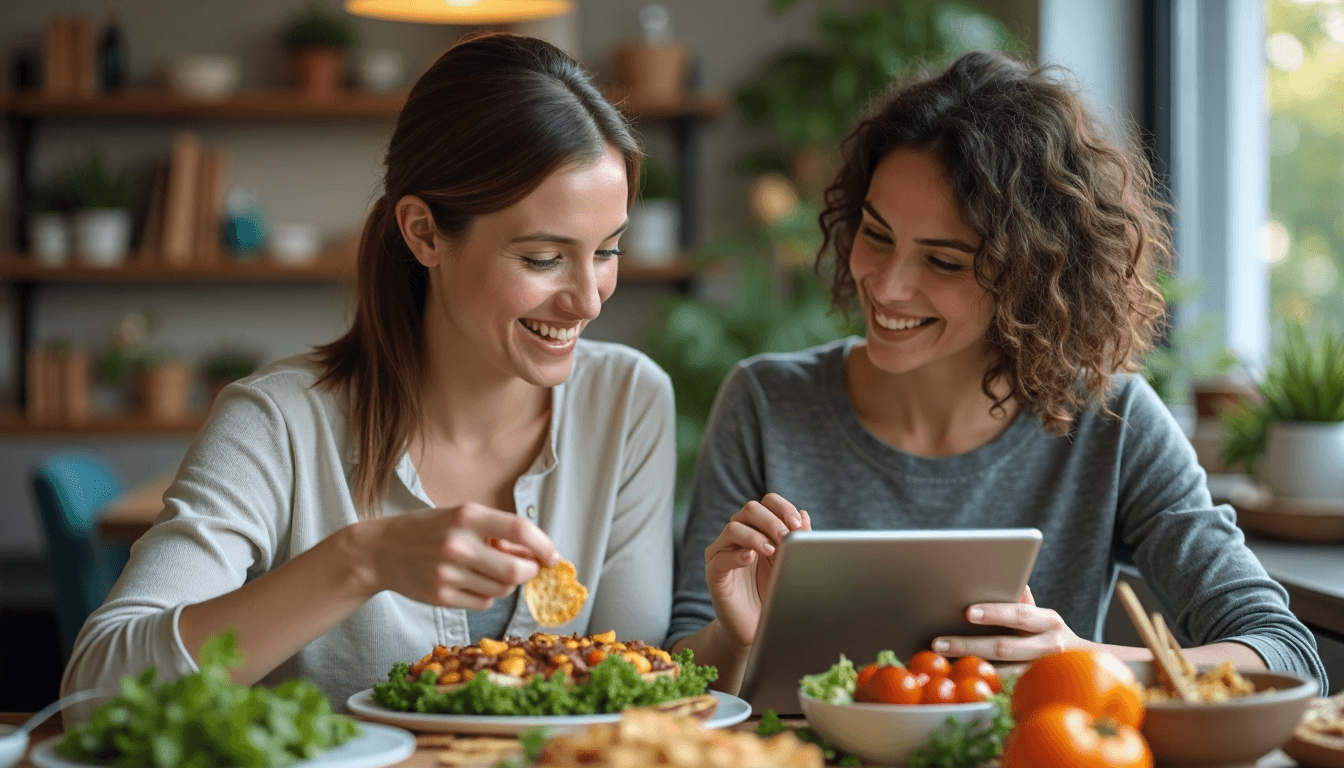 Colleagues using food app with 'Daily Habits' text on tablet