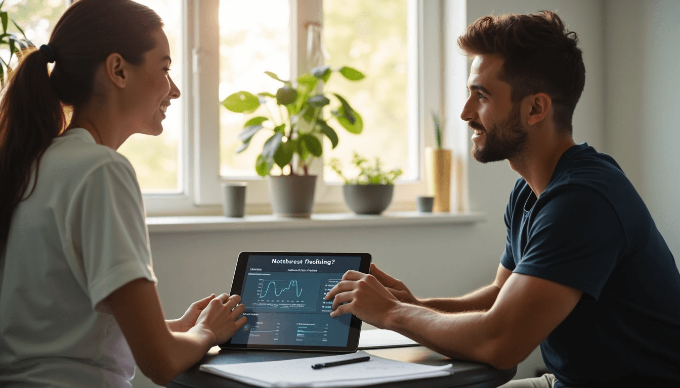 Athlete and nutritionist reviewing data tablet in clinic