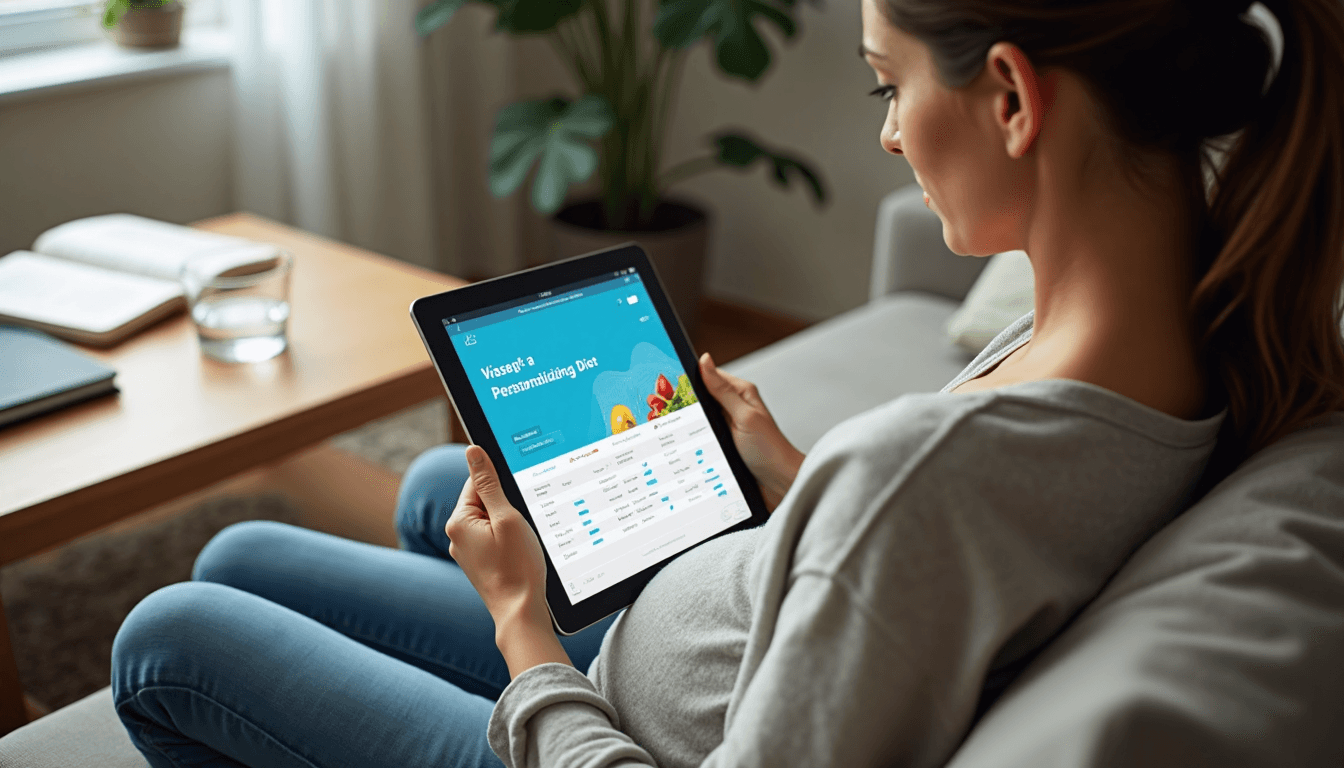 Pregnant woman tracking diet on tablet in bright living room.