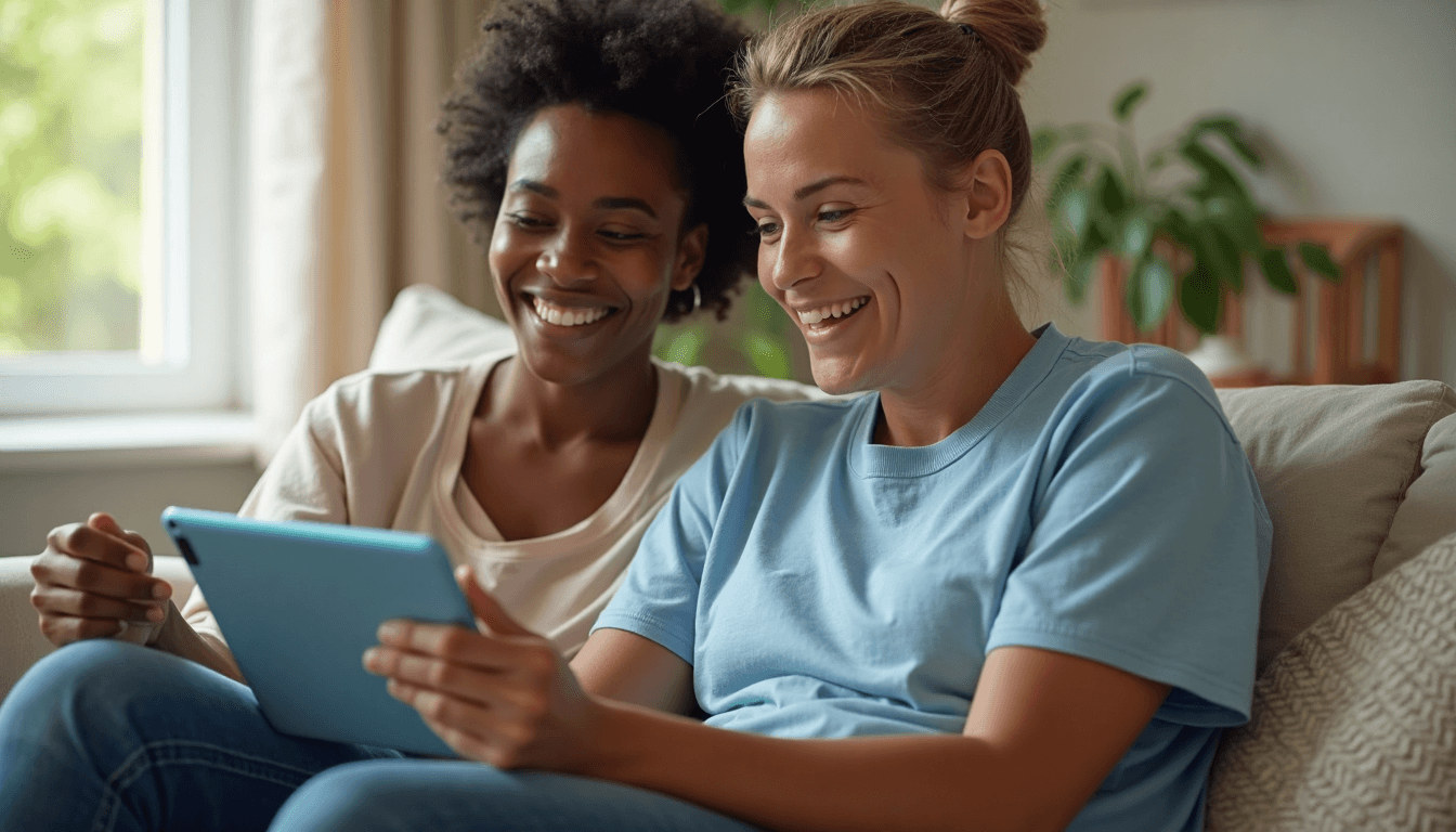 Two friends check fitness progress on tablet together