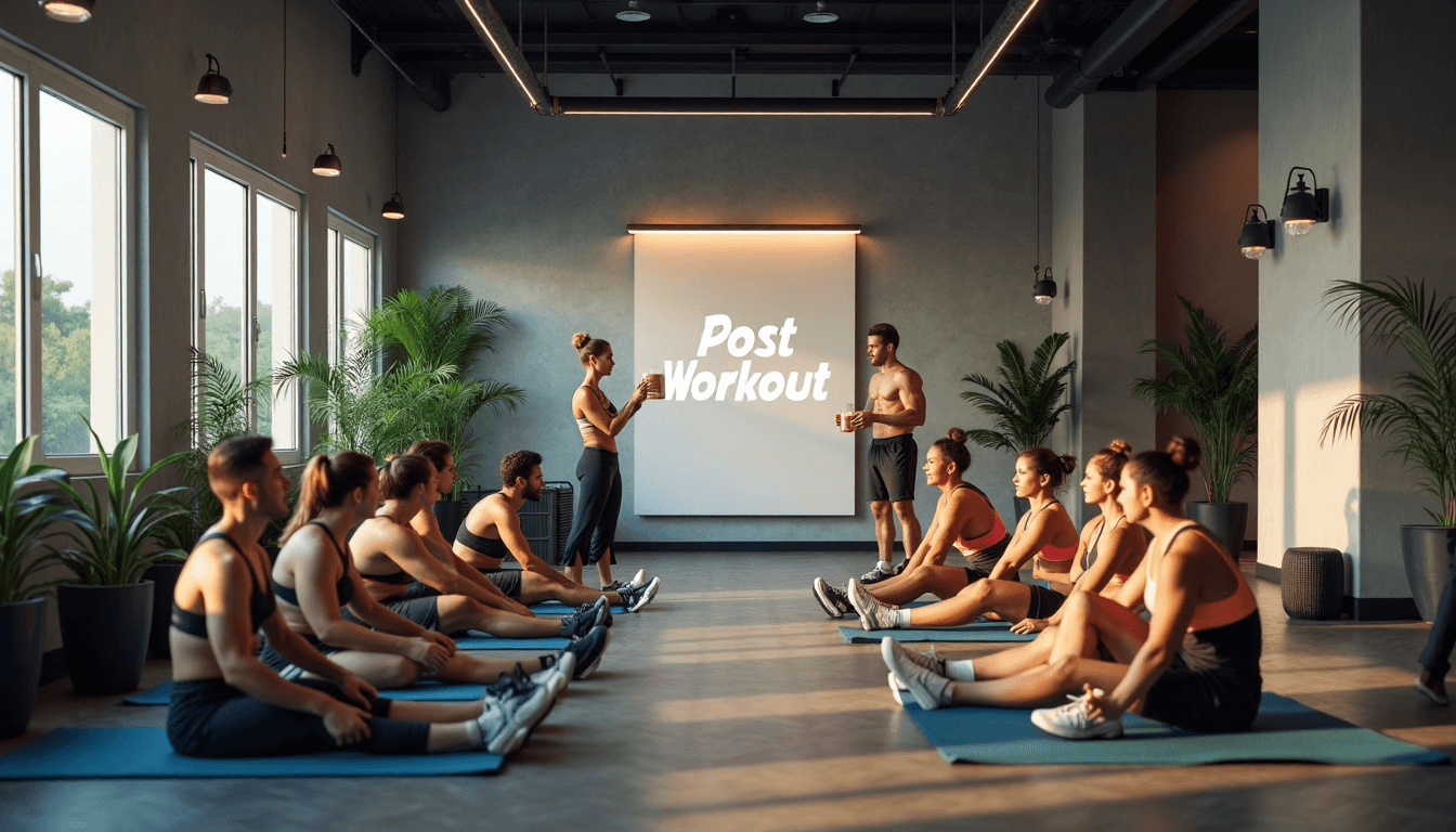 Athletes recovering in sun-lit gym with post workout nutrition poster
