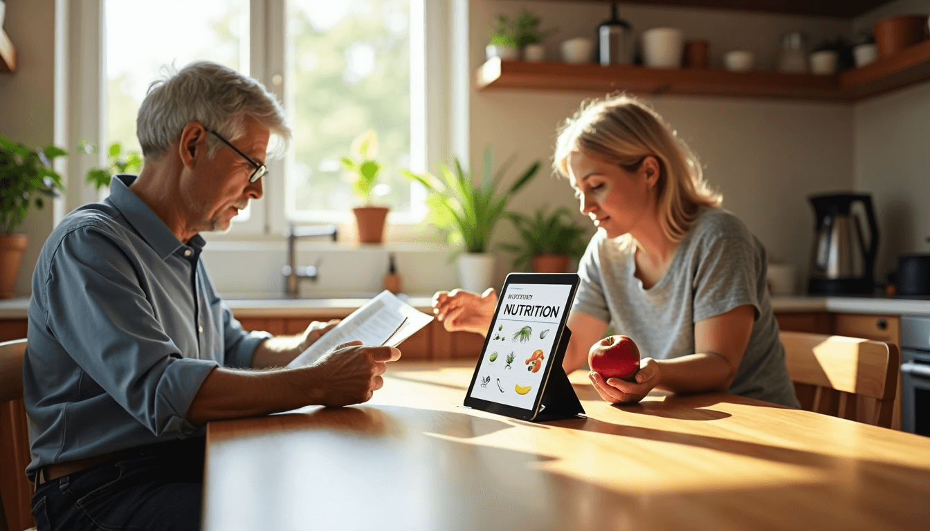 People reading nutrition science at kitchen table with digital banner