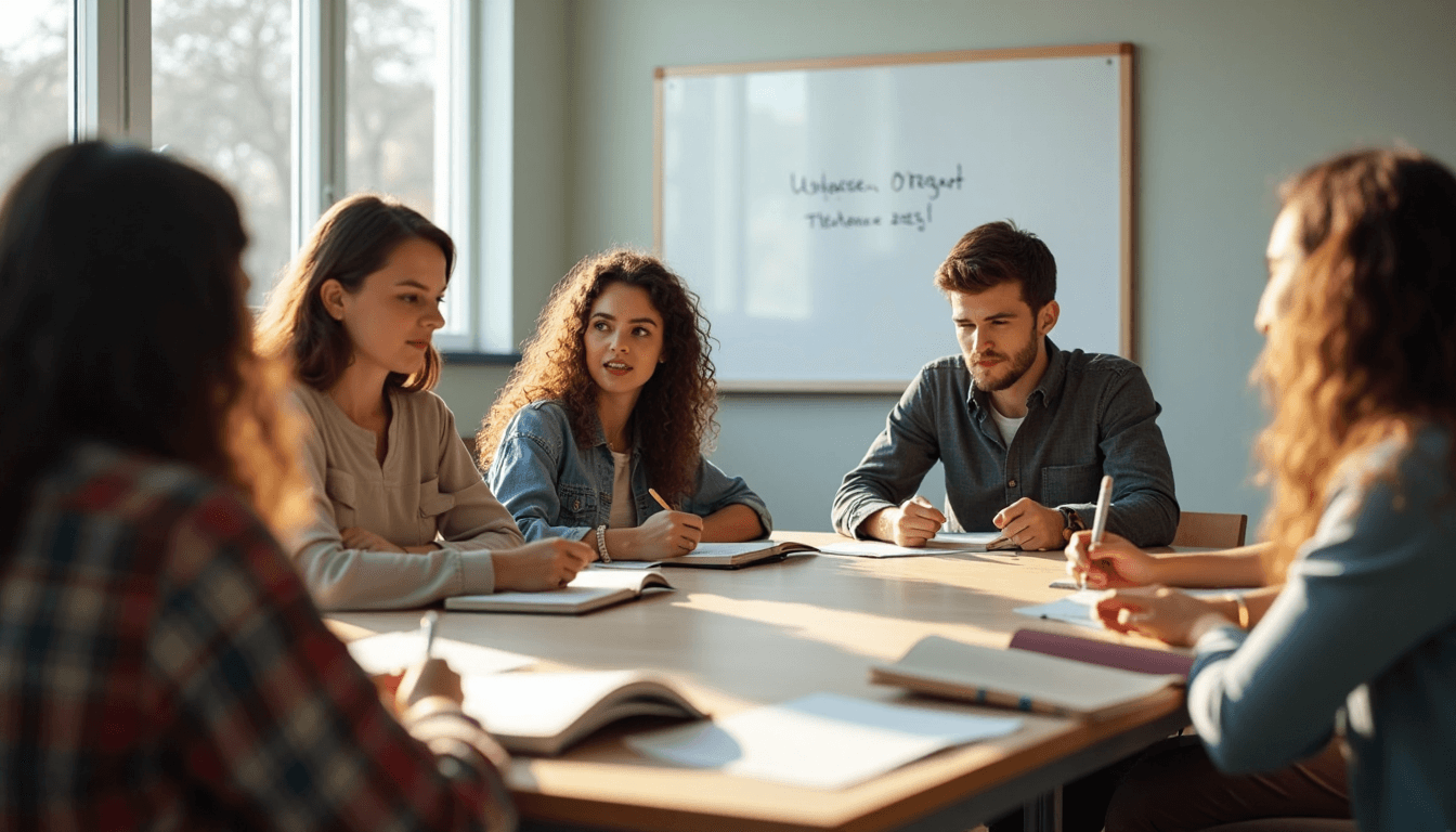 Students discussing nutrition key terms with whiteboard banner