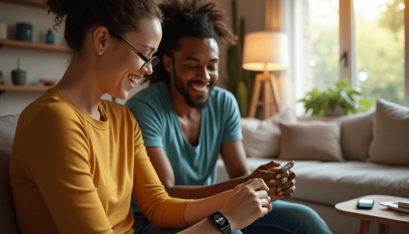 Friends review smartwatch health stats in sunlit living room
