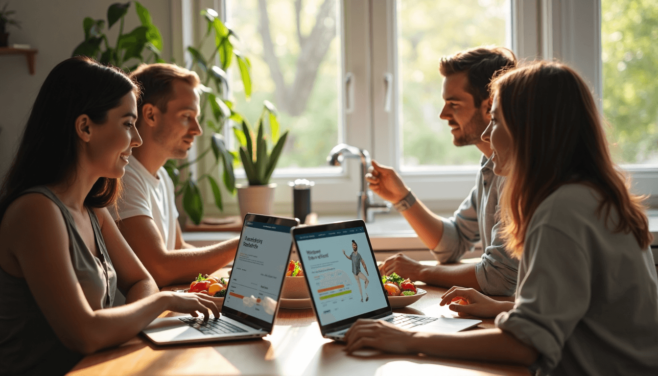 Group of adults reviewing personalized nutrition plans together at kitchen table
