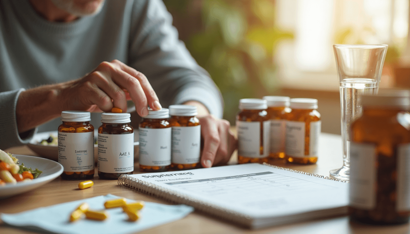 Person arranging science-backed supplements and reading nutrition chart at home