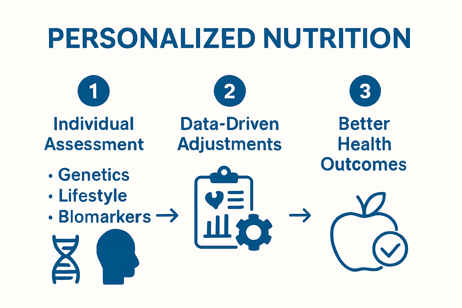 Infographic illustrating personalized nutrition steps and benefits for health.