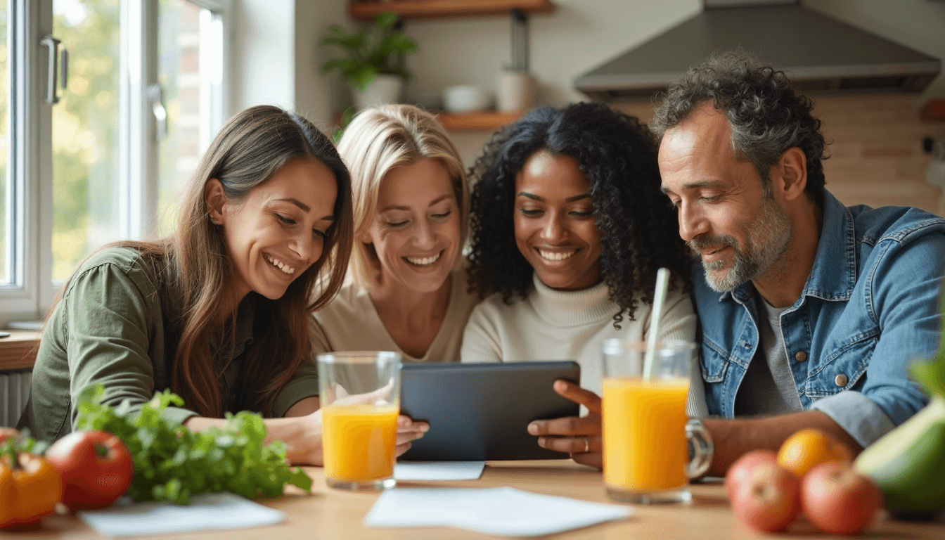 Family discussing food budgets and nutrition with 'Nutrition Challenges' text shown.