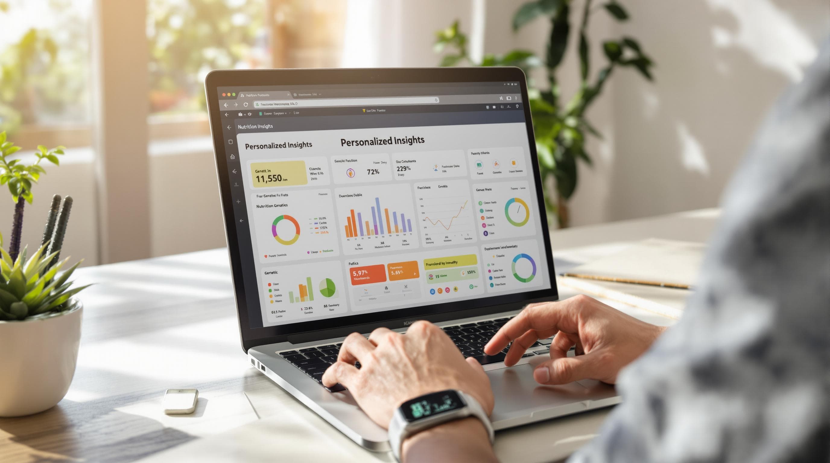 Person using laptop with nutrition tracking dashboard in home office