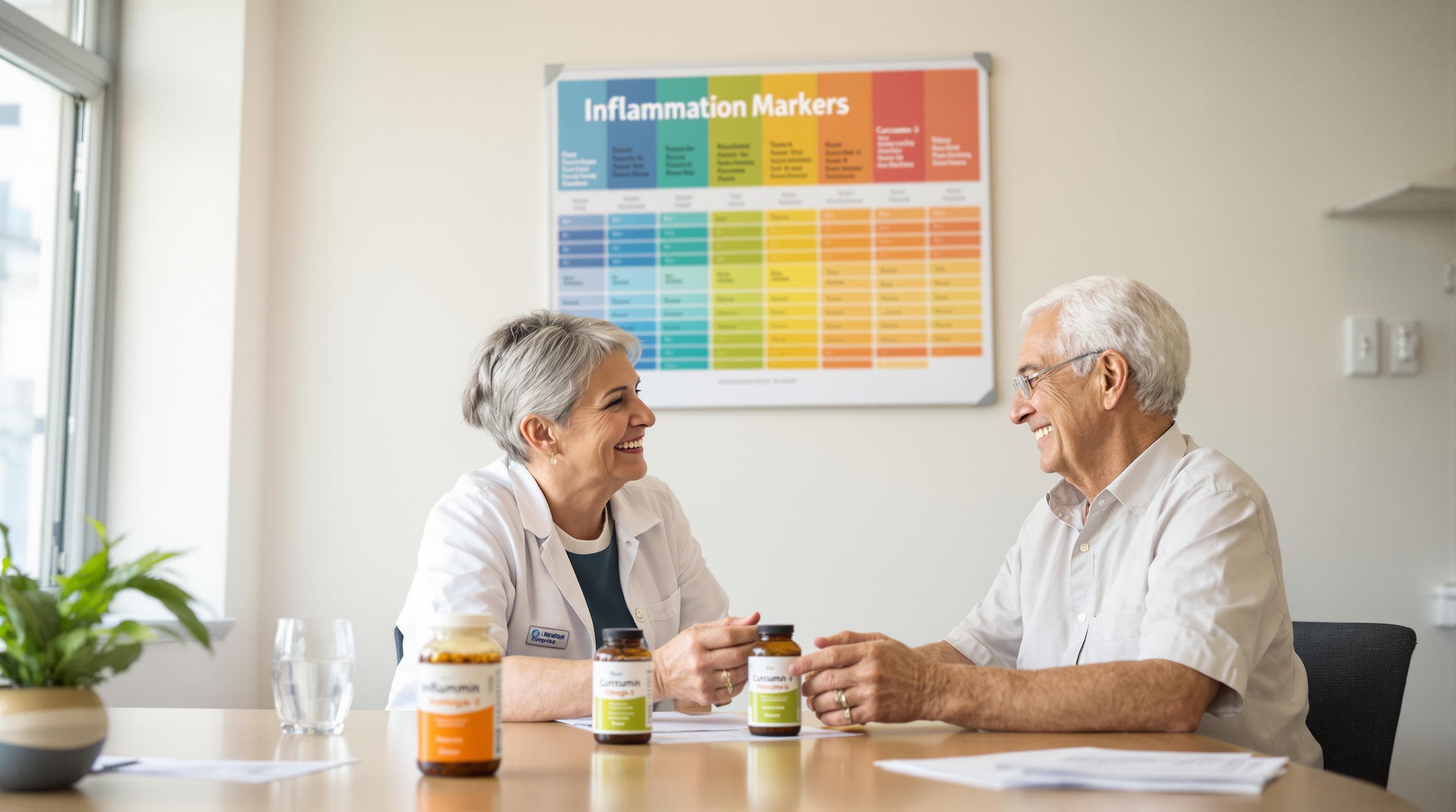 Nutritionist consulting a client about curcumin and omega-3 supplements with health chart visible.