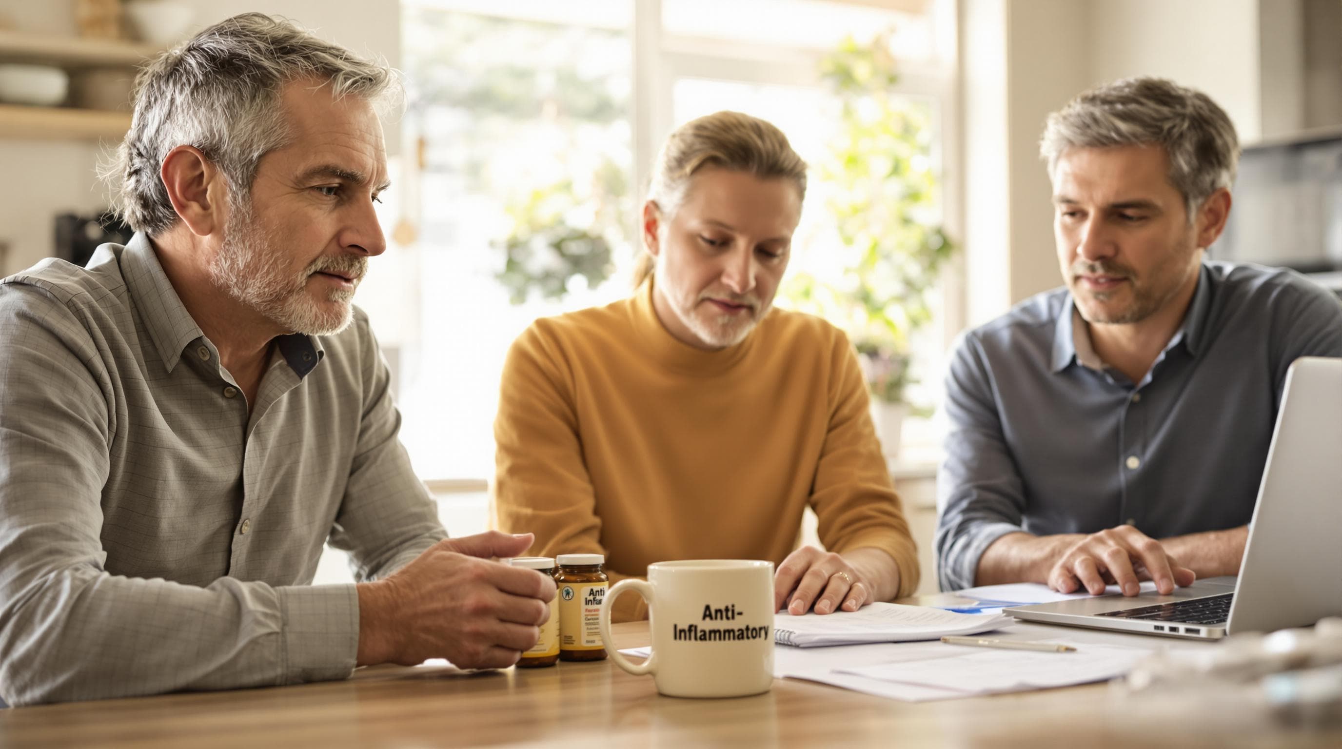 Diverse adults at kitchen table examining anti-inflammatory supplements with focused expressions.