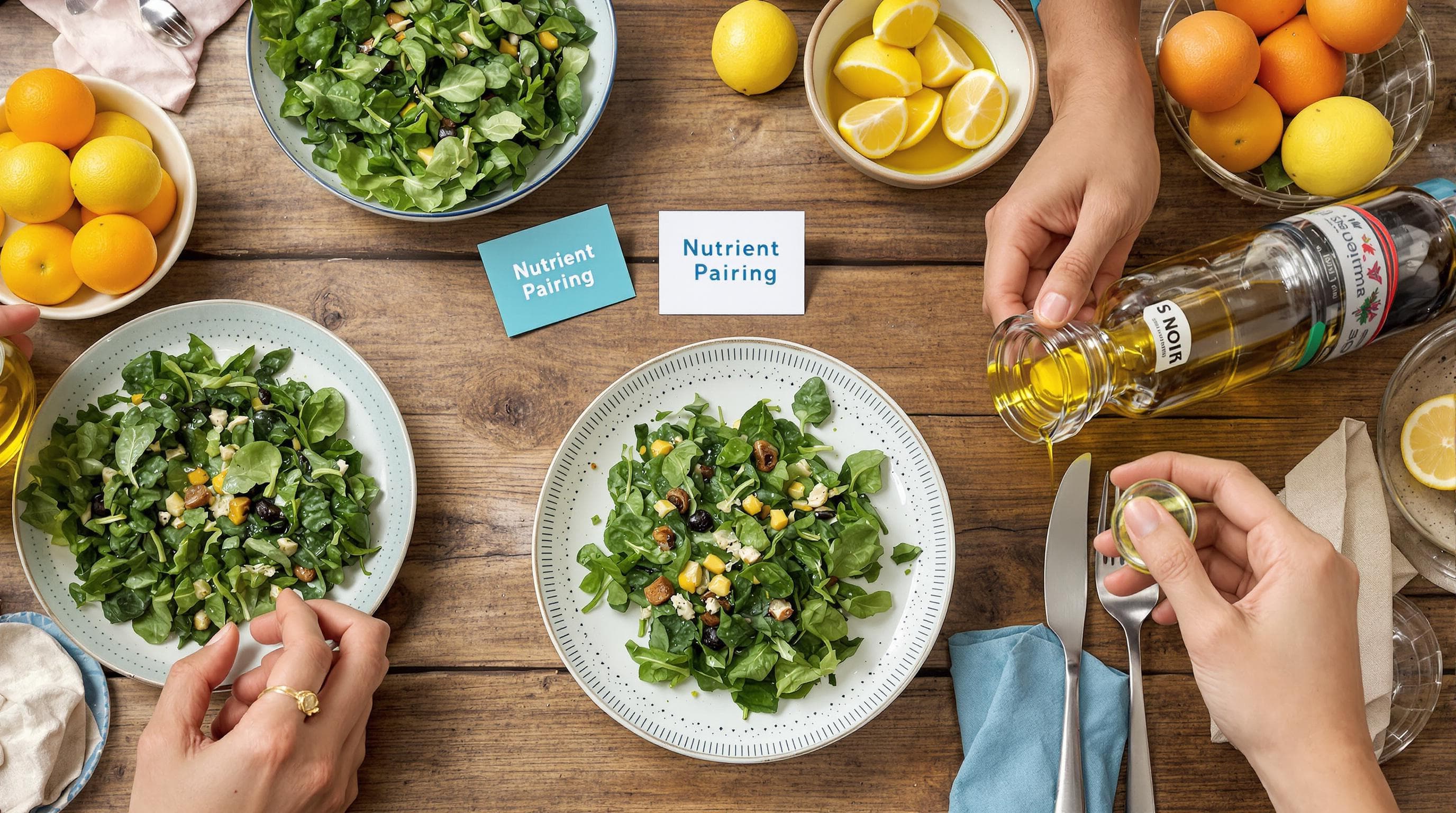 Hands prepare salad with lemon and oil nutrient pairing card