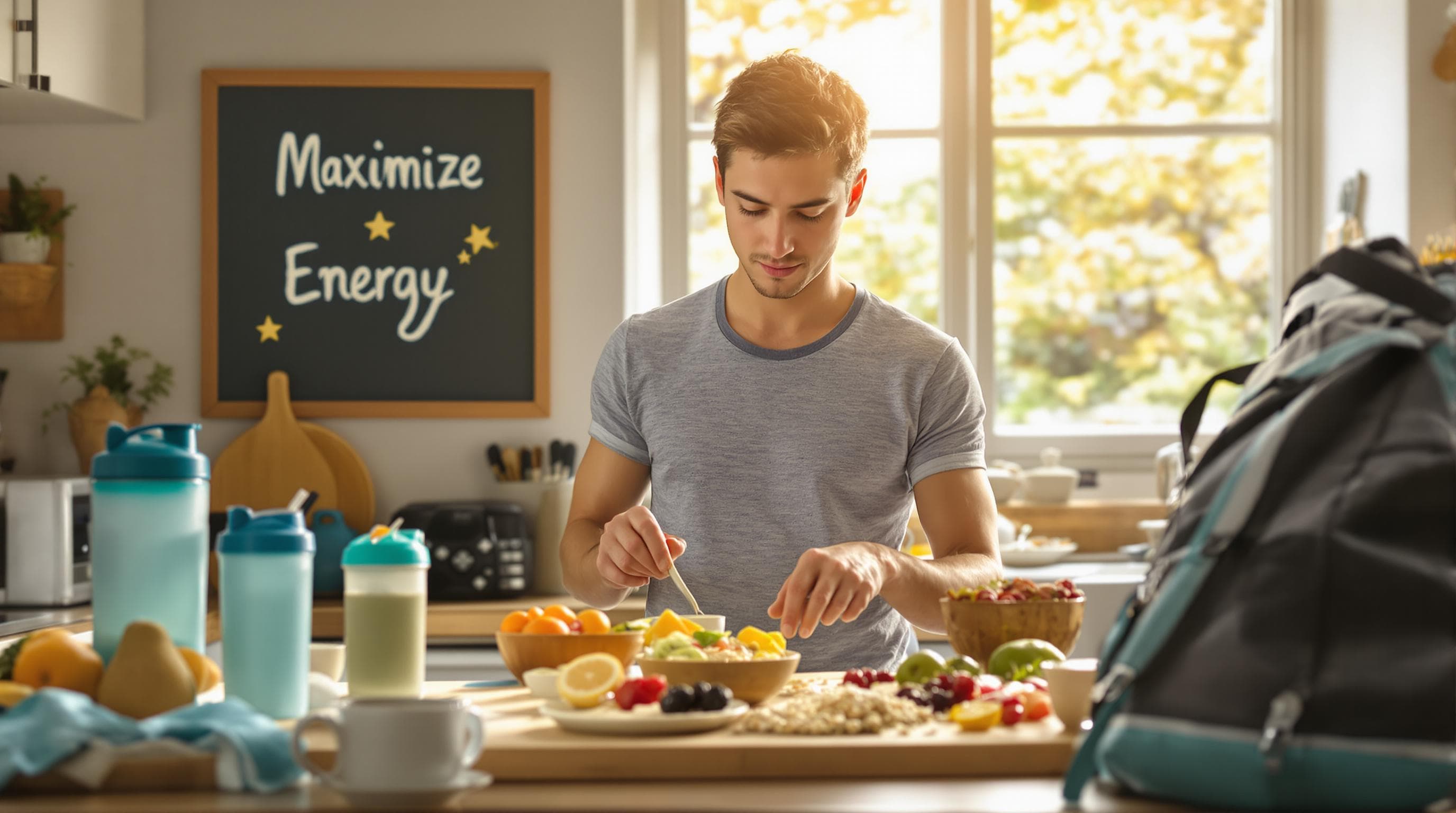 Young adult prepares balanced pre-workout meal in sunlit kitchen with motivational 'Maximize Energy' note
