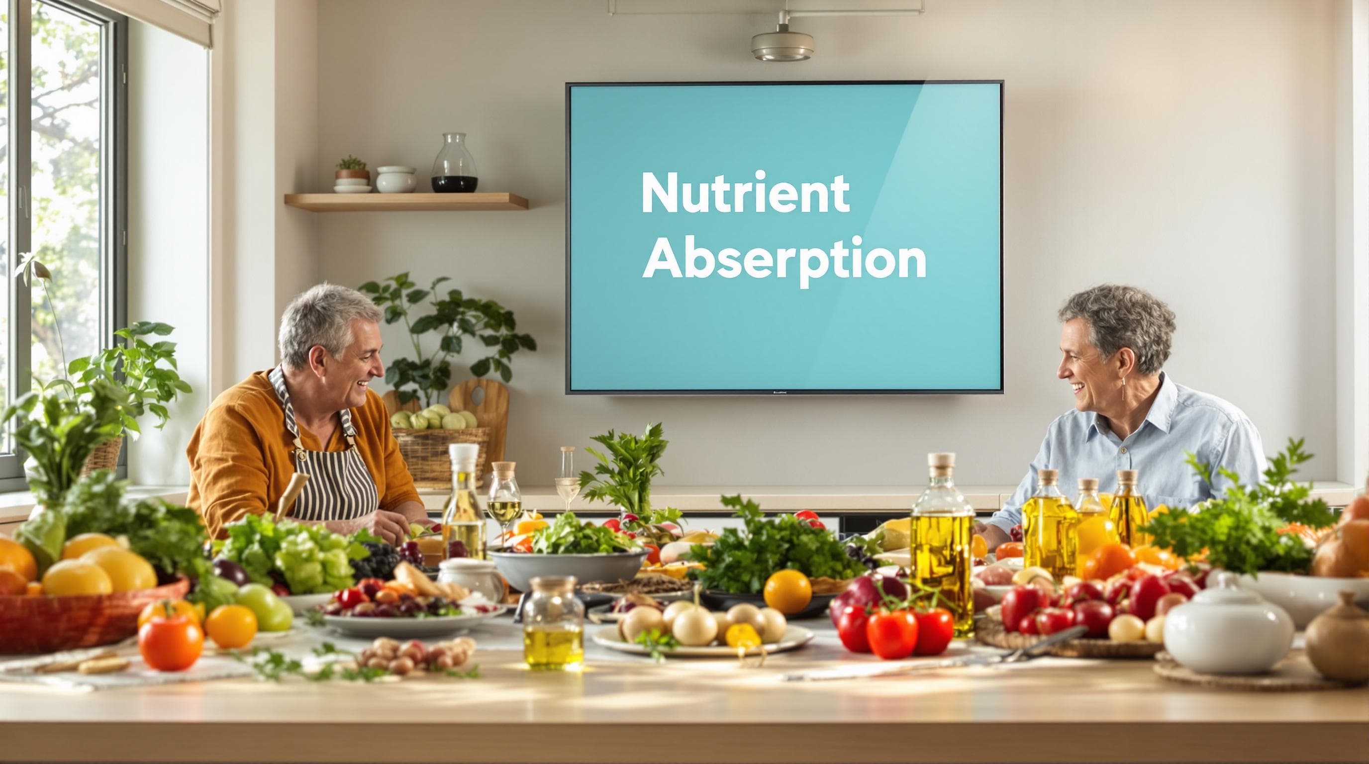 People sharing a colorful meal with 'Nutrient Absorption' text on a poster