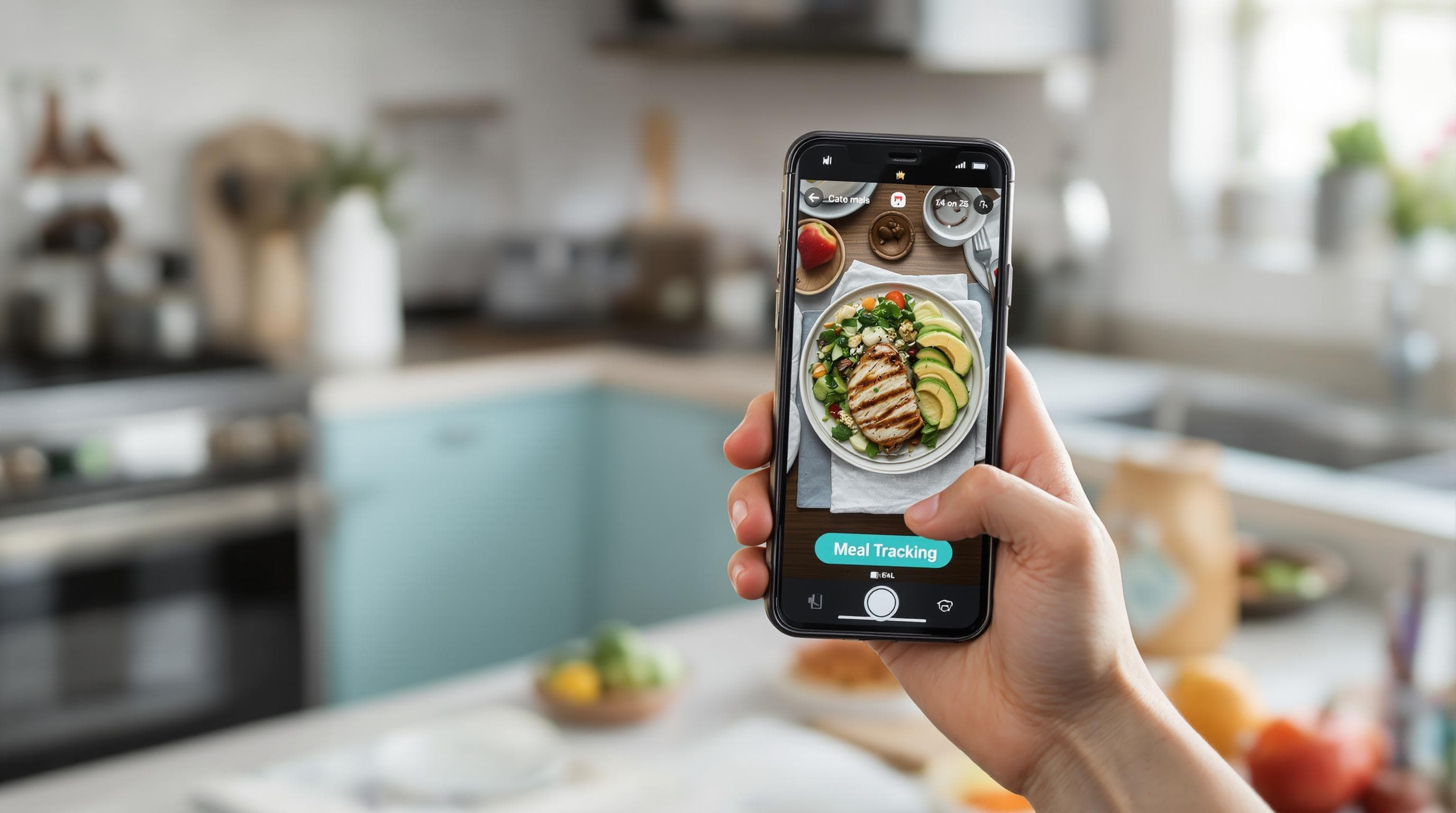 Person photographing lunch for nutrition app meal tracking feature