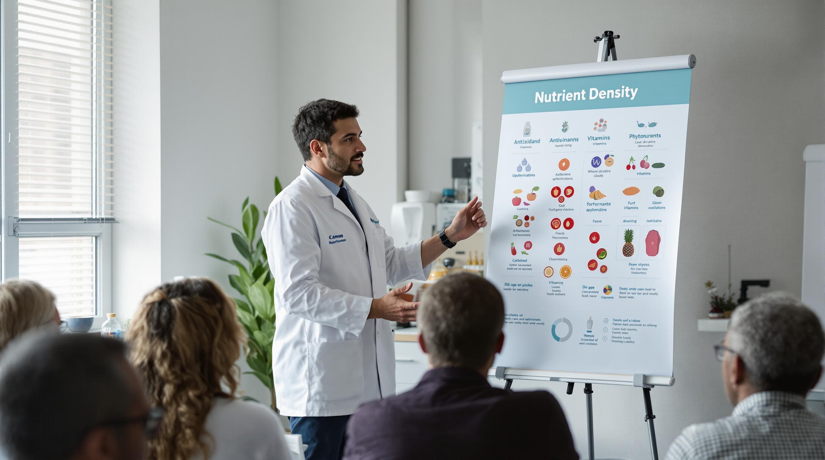 Nutritionist at poster explaining nutrient density of superfoods to engaged audience