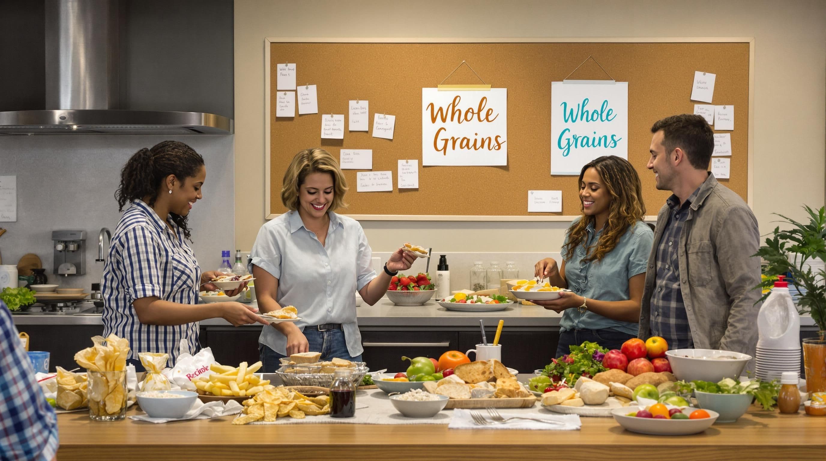 Office coworkers compare whole grains and processed food for lunch