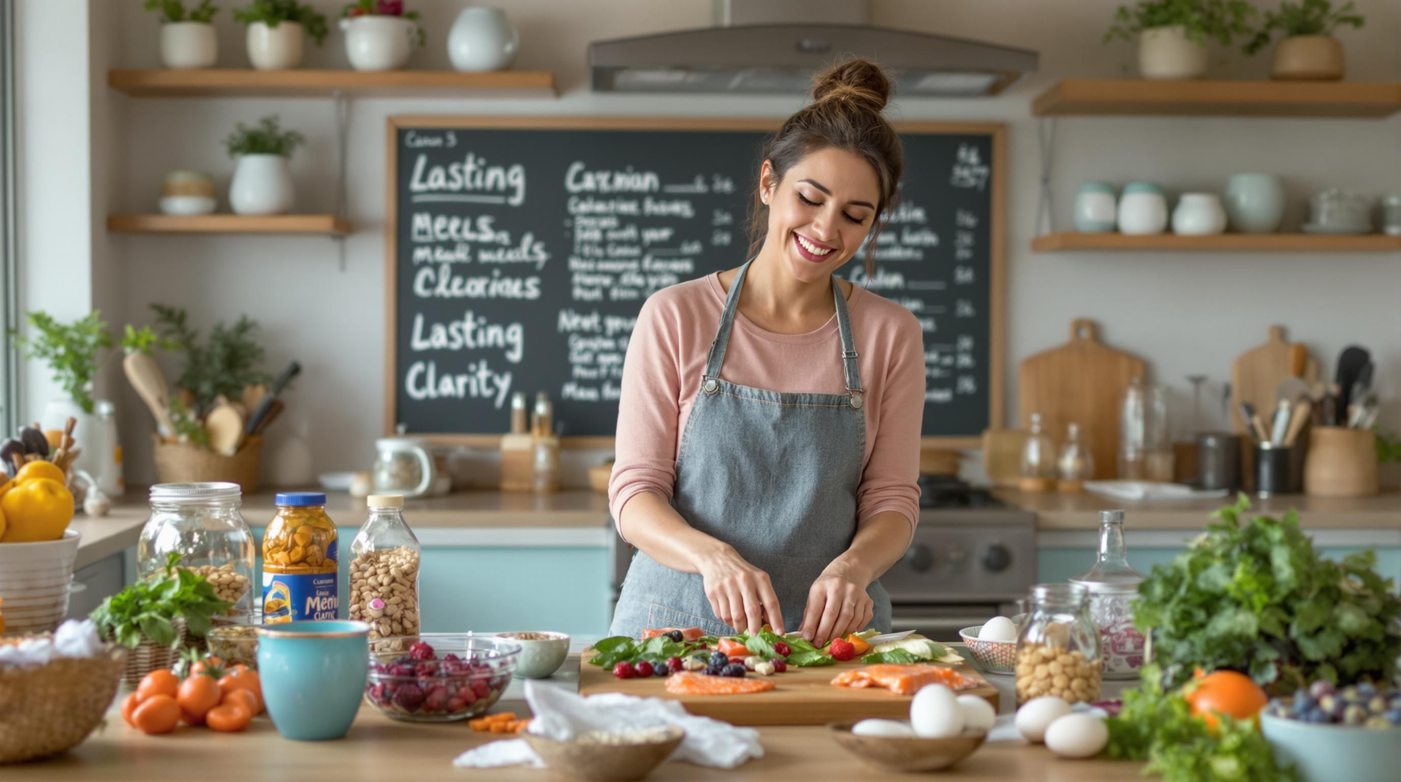 Woman preparing brain foods in kitchen for lasting clarity and nutrition.