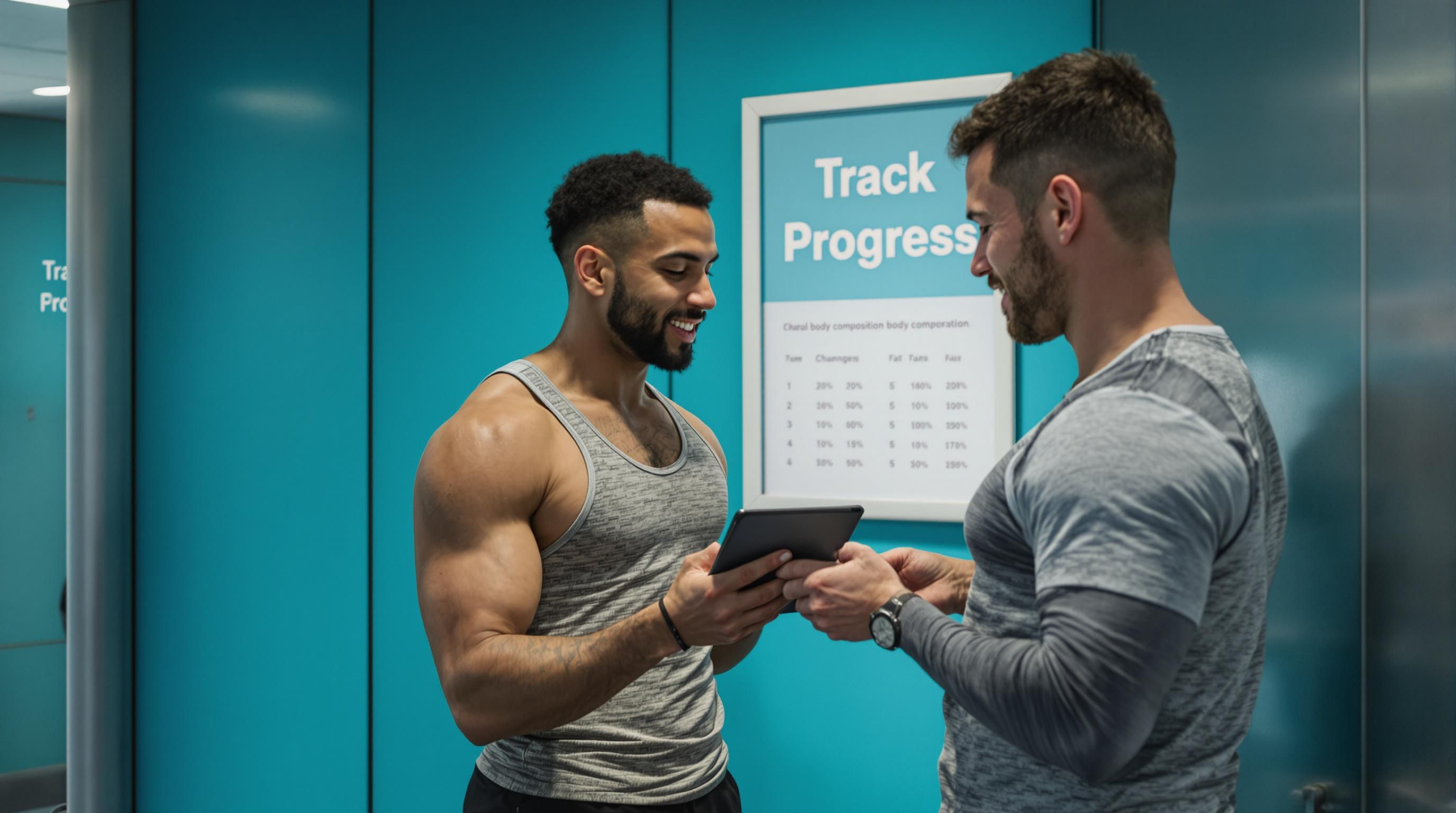 Friends in locker room review muscle tracking chart, 'Track Progress' poster visible