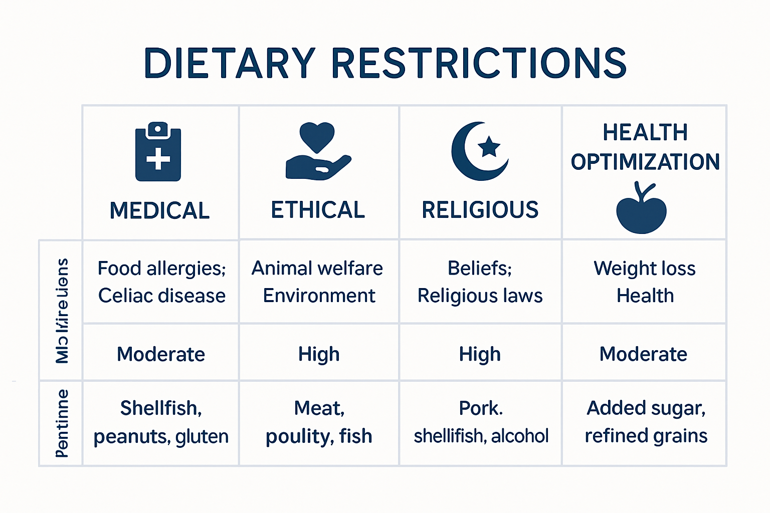 Infographic comparing types of dietary restrictions and motivations