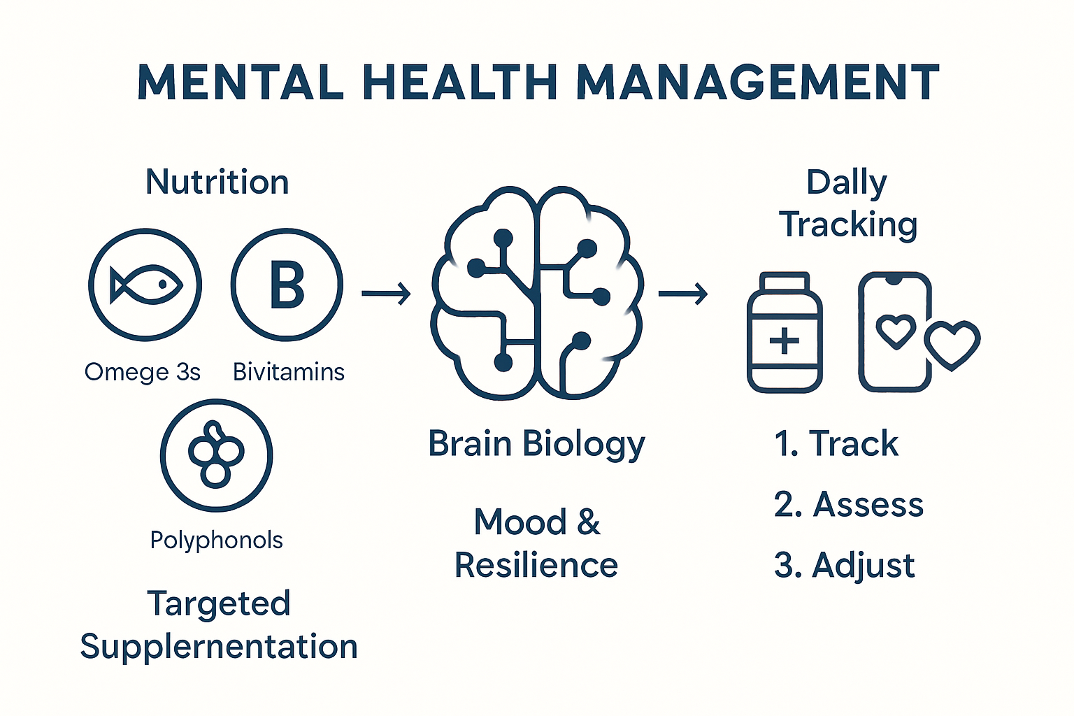 Infographic explaining nutrition, supplements, and tracking for mental health