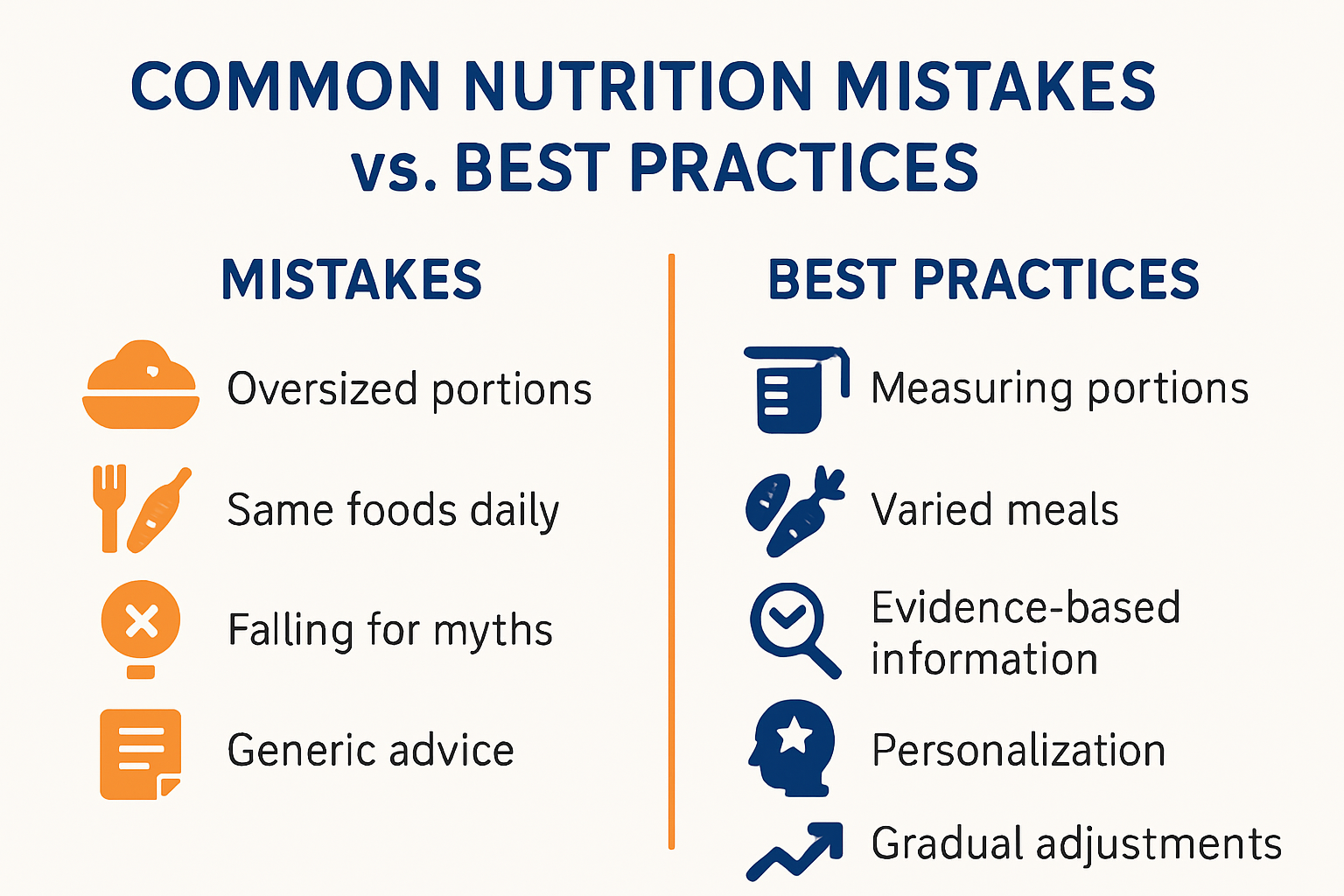 Side-by-side infographic of nutrition mistakes and solutions