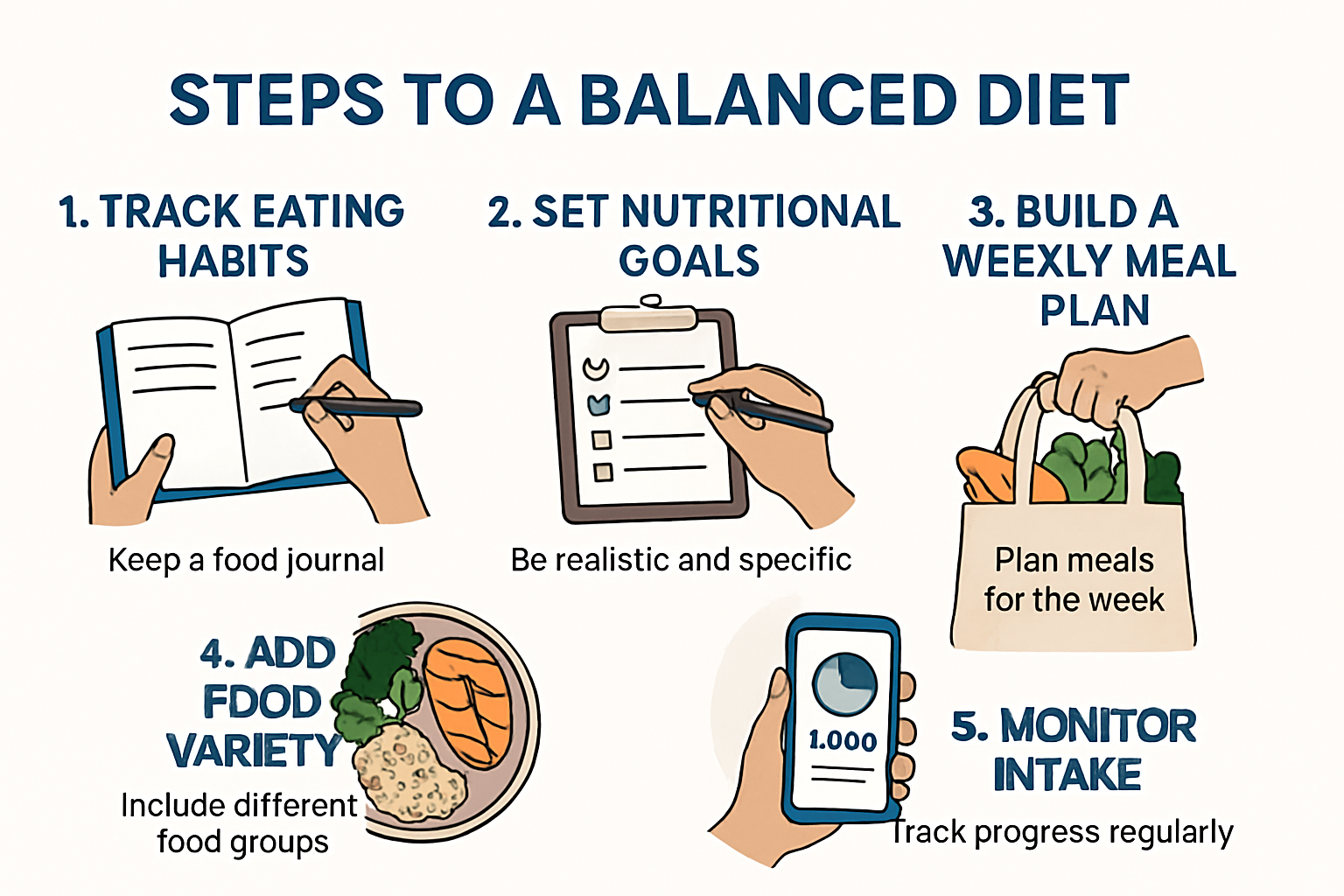 Infographic of five key steps to a balanced diet with icons and tips