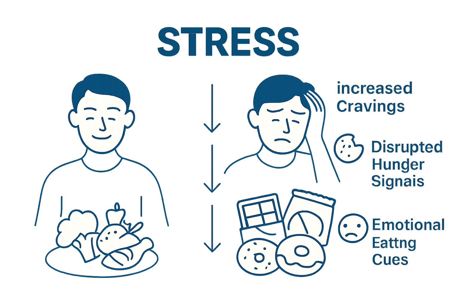 Infographic comparing normal vs. stress-influenced eating habits