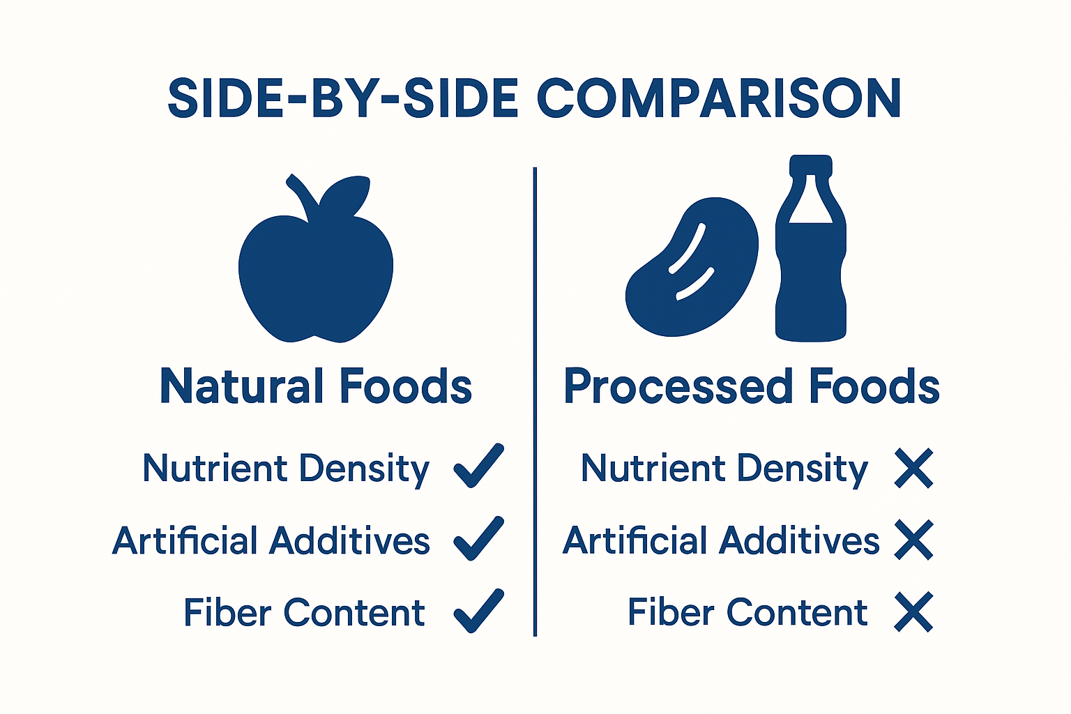 Infographic comparing nutrient density, additives, and fiber in natural vs processed foods
