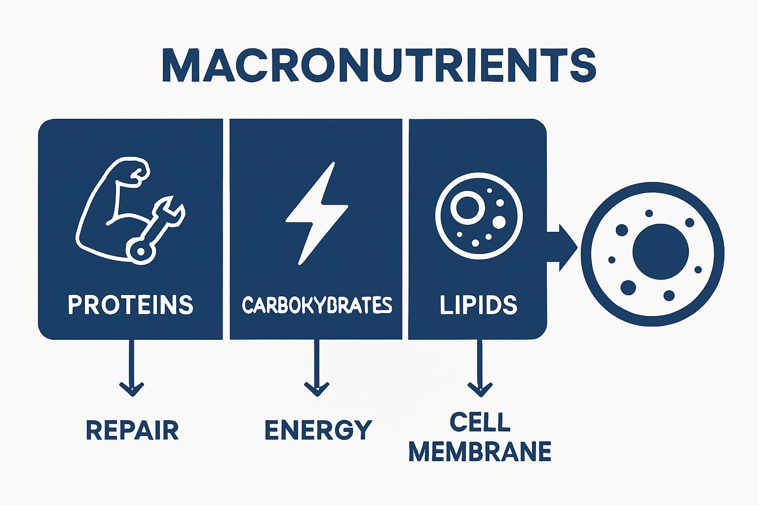 Infographic showing roles of proteins, carbs, lipids in cells