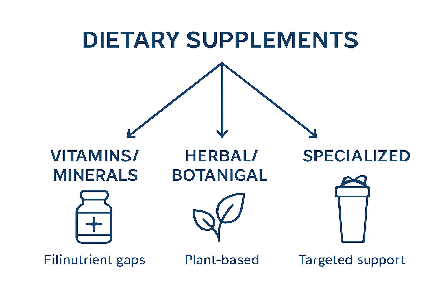 Infographic comparing dietary supplement types: vitamins/minerals, herbal, specialized.