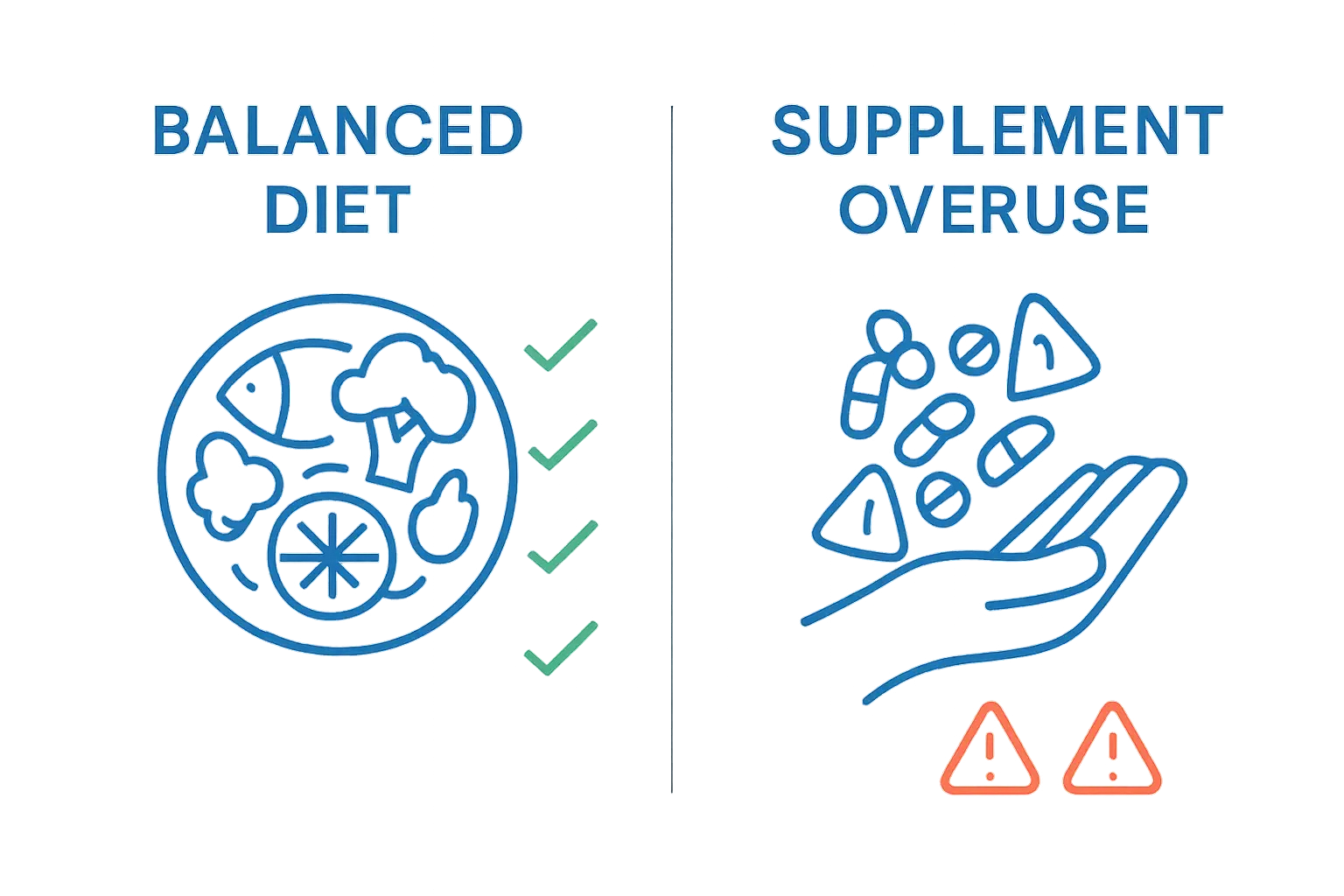 Infographic comparing balanced diet to excessive supplement use