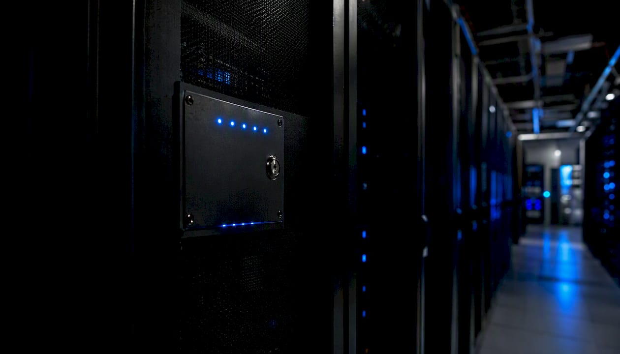 Locked server rack with blue indicator lights