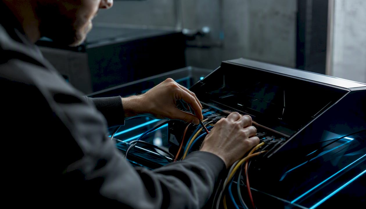 Hands plugging cables into hardware interface