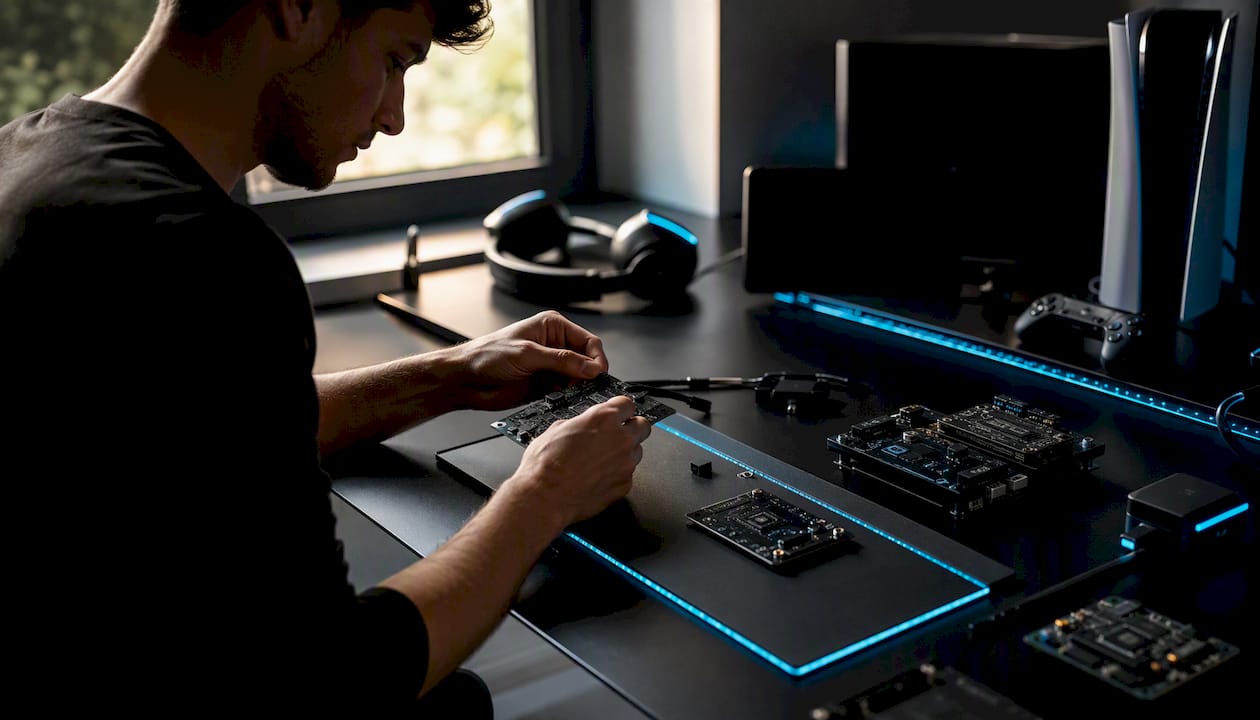 Hands assembling AI agent components on tech table