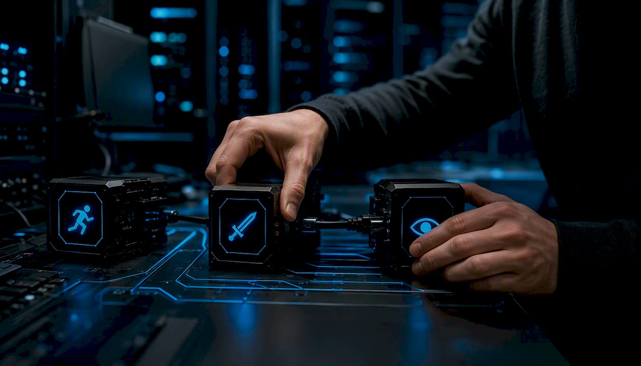 Hands connecting modular AI reinforcement learning units