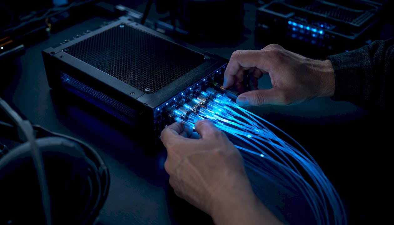 Hands connecting cables on AI memory server