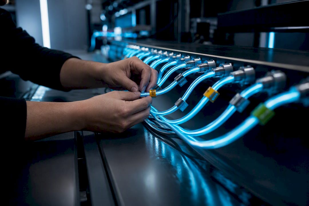 Hands tagging fiber optic cables with colored markers