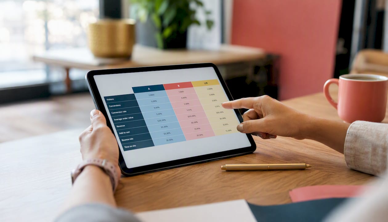 Hands pointing at A/B test result table on paper