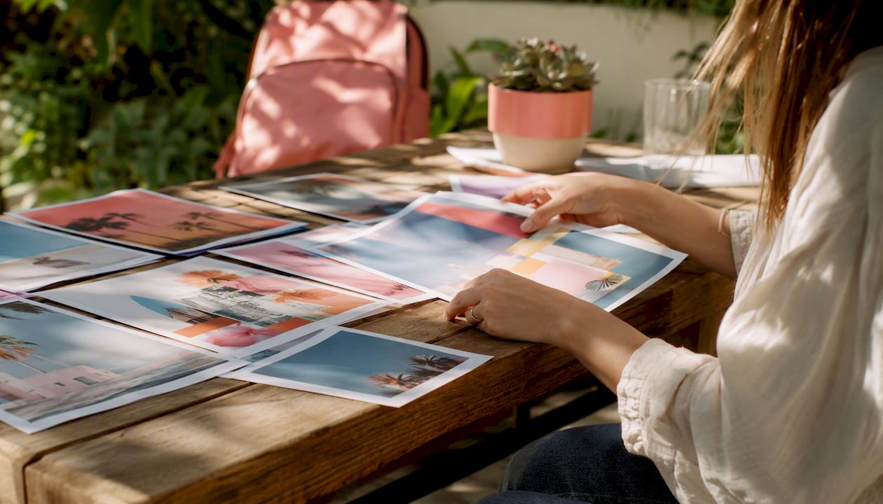 Hands arranging marketing portfolio pages on table