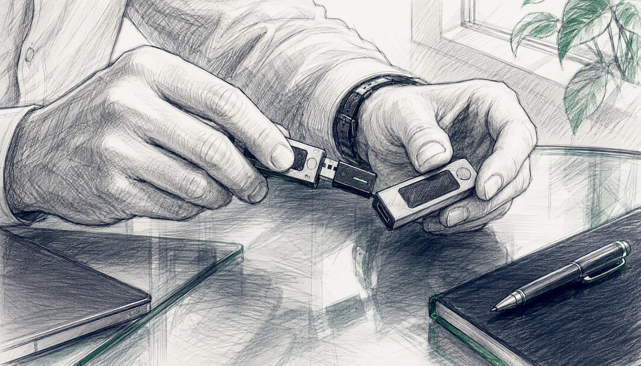 Hands moving hardware crypto wallet key