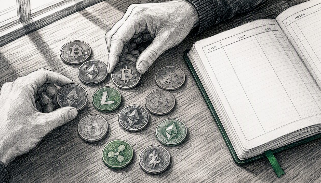 Hands managing physical cryptocurrency tokens and ledger
