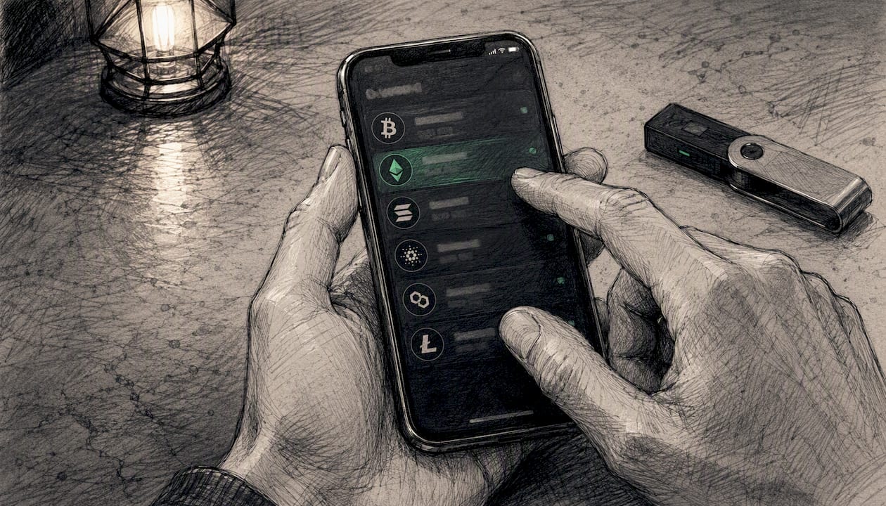 Hands choosing cryptocurrency for invoice on smartphone