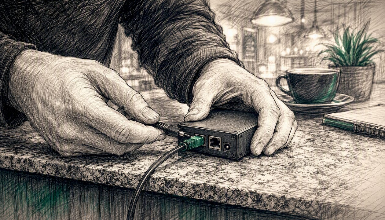 Hands connecting hardware cables at a tech desk