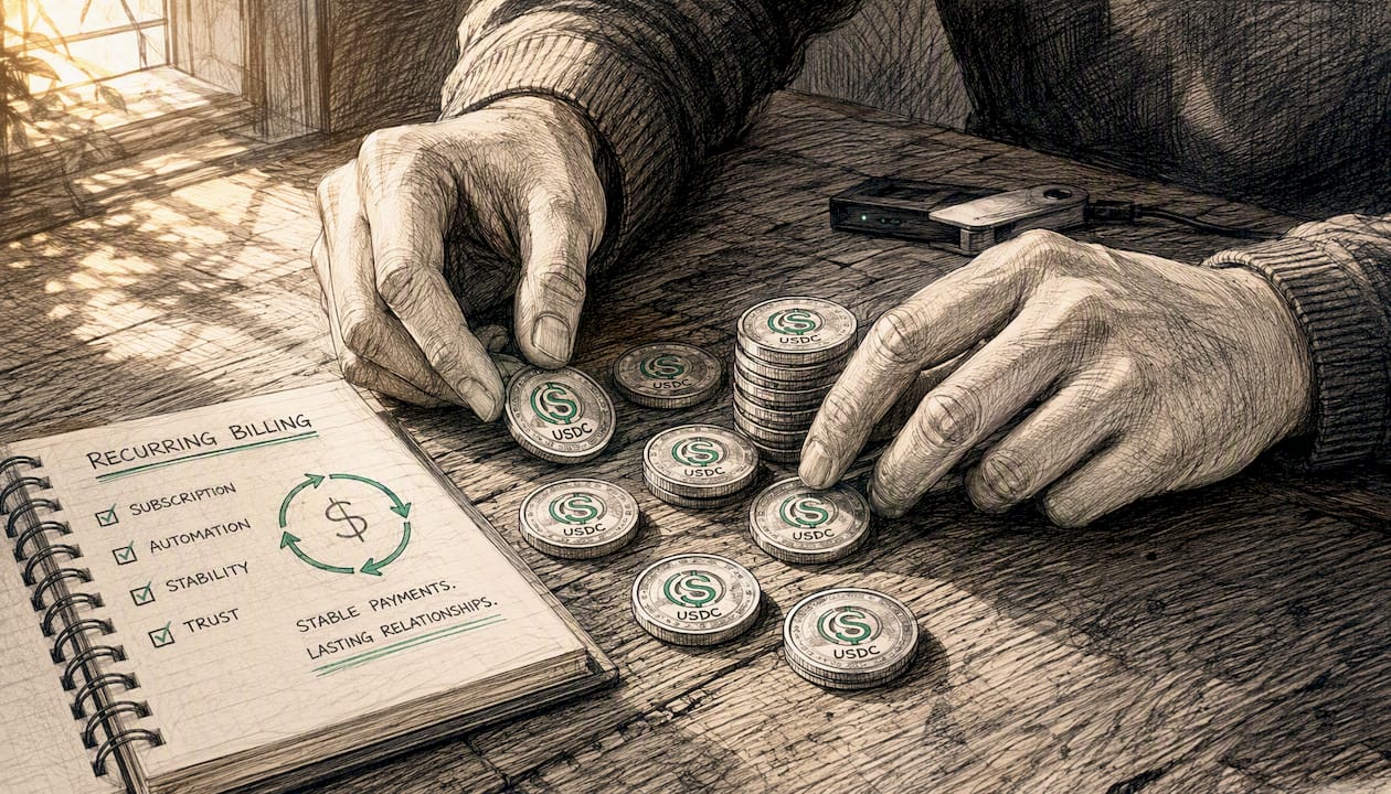 Hands arranging stablecoin tokens on desk