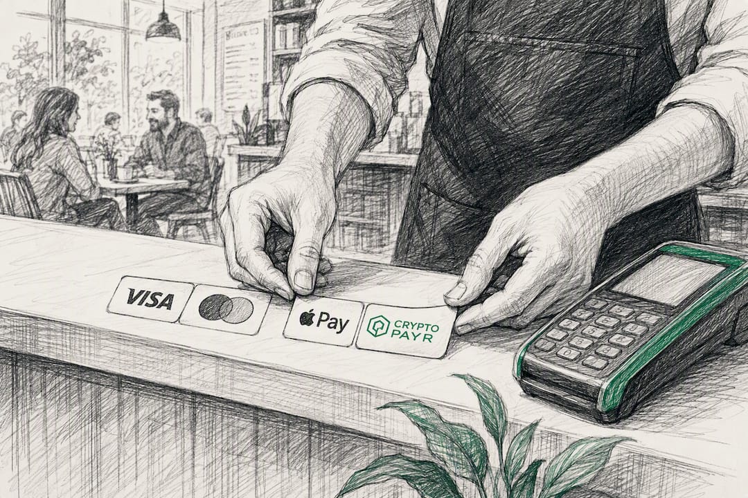 Hands placing crypto payment badge at checkout