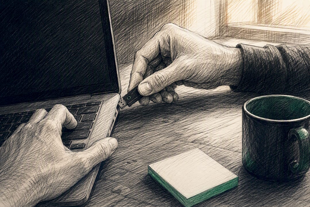Hands inserting security key at workstation