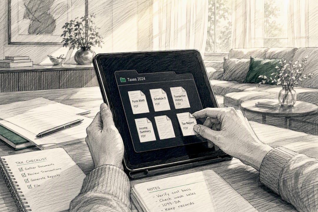 Hands organizing tax documents on tablet
