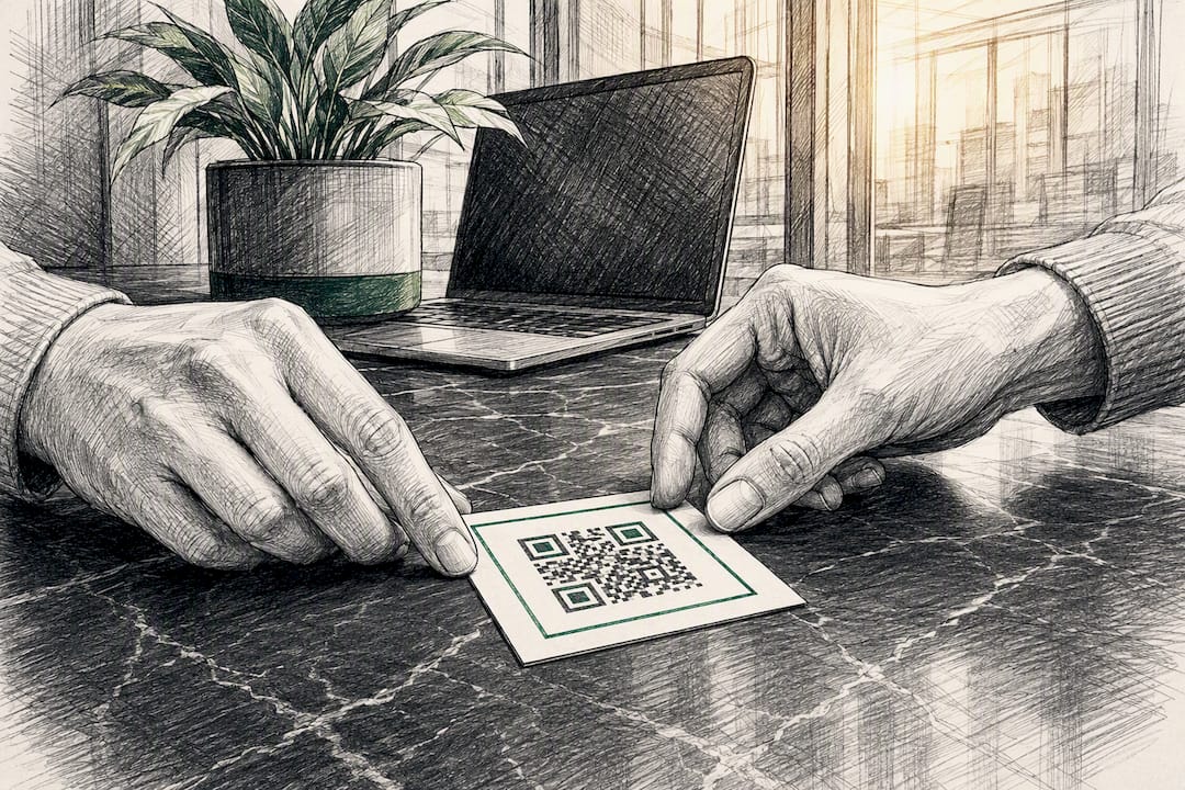 Hands arranging crypto tip jar QR code card