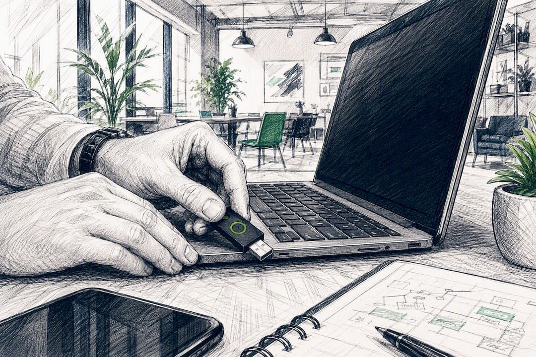 Hands connecting hardware security key during crypto setup